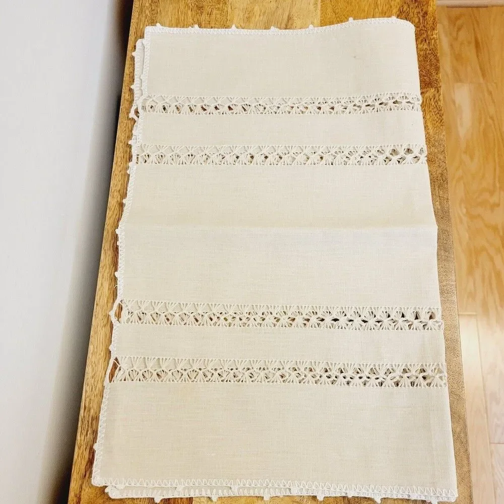 Handmade Vintage Drawd Thread Work Tablecloth Linen Table Runner